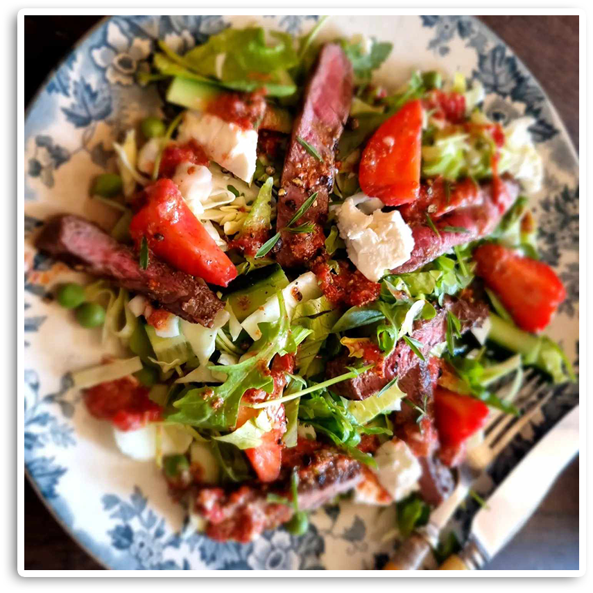 Strawberry & Feta Salad with Pan Fried La Perrière Angus Steak